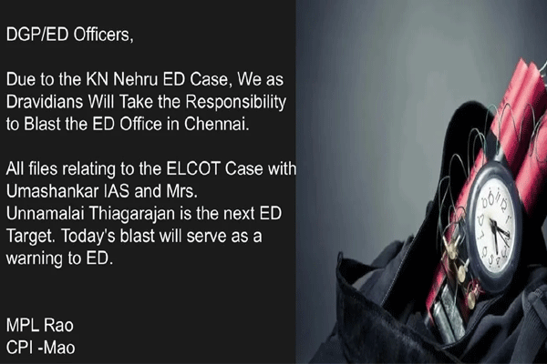 Chennai ED office threat,