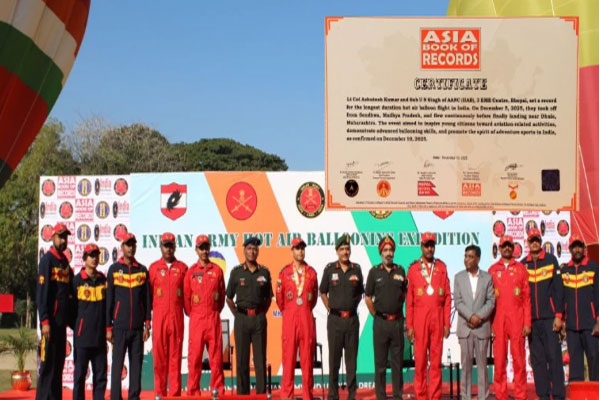 Indian Army hot air balloon mission, Bhopal to Pune balloon flight, record-breaking balloon journey India, Asian Book of Records balloon, military adventure wing India, 750 km balloon travel, 8 hours 44 minutes balloon flight, youth inspiration adventure, Indian Army endurance feat, adventure sports military India