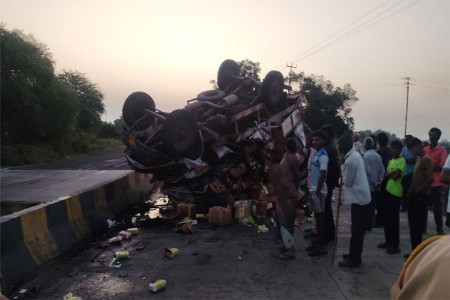 श्वानांना वाचविण्याच्या नादात मालवाहू उलटला