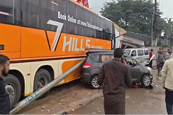 telangana road accident bus crashes into multiple vehicles and hotel, over 50 injured