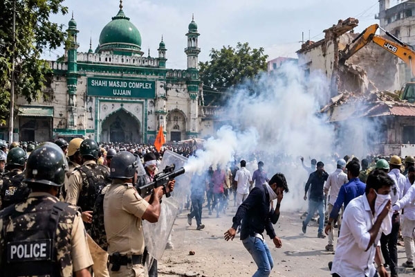 ujjain mosque demolition row stone pelting, tear gas during road widening