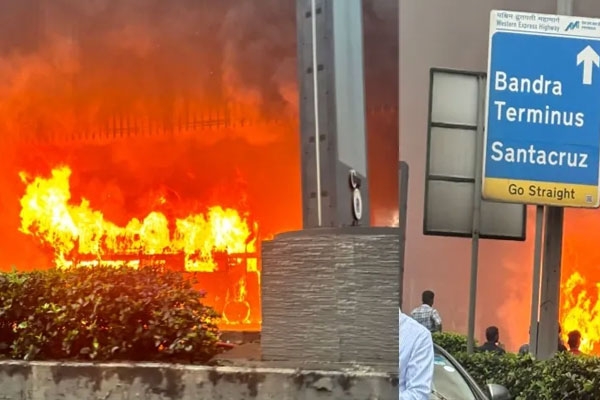 goregaon metro station bus fire: tourist bus catches fire, smoke enters station, traffic jam on western express highway
